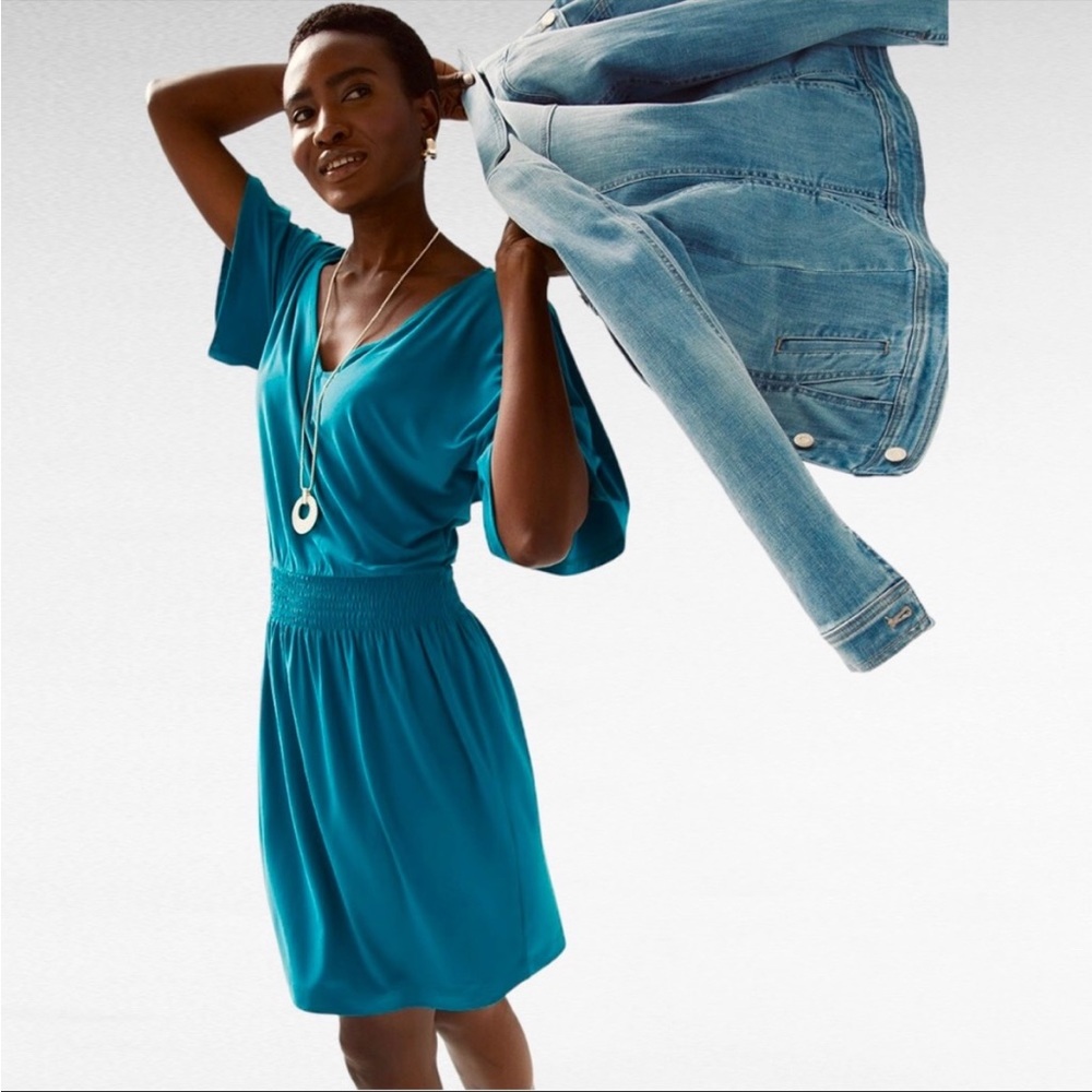 White House Black Market | Teal Jersey Smocked Short Kimono Sleeve Dress NWT Sm